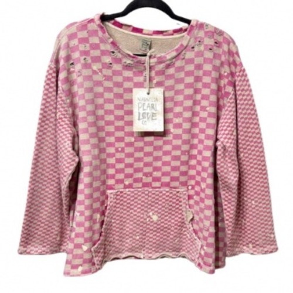 Magnolia Pearl Pink Checkered Punkie Pocket Distressed‎ Sweatshirt OSFM